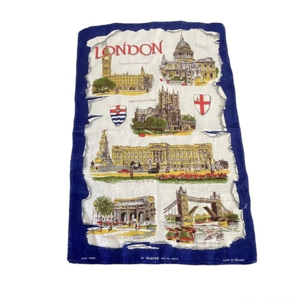 Vintage Irish Linen Tea Towel London Scenes Blue White Never Used